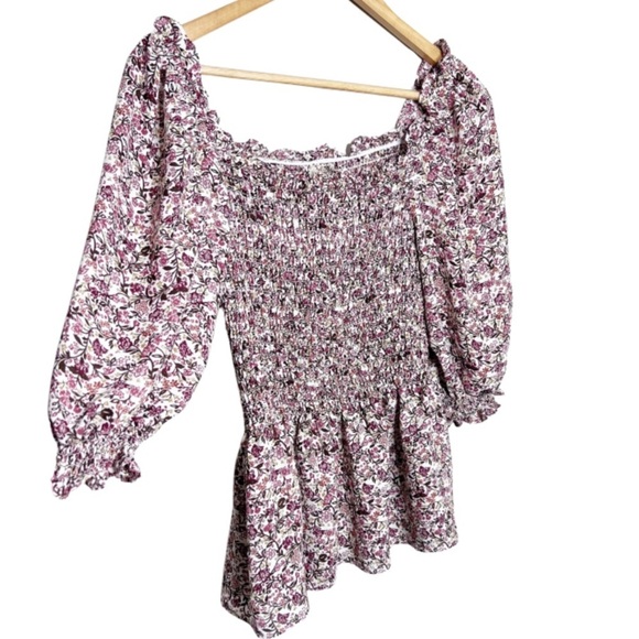 New with Tag Women's Max Studio Floral Smocked Bodice Long Sleeve Ruffle Blouse - Picture 2 of 16